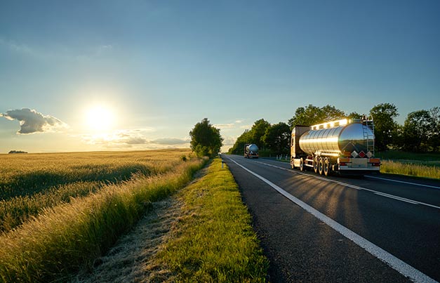 Truck driving past sunflowers